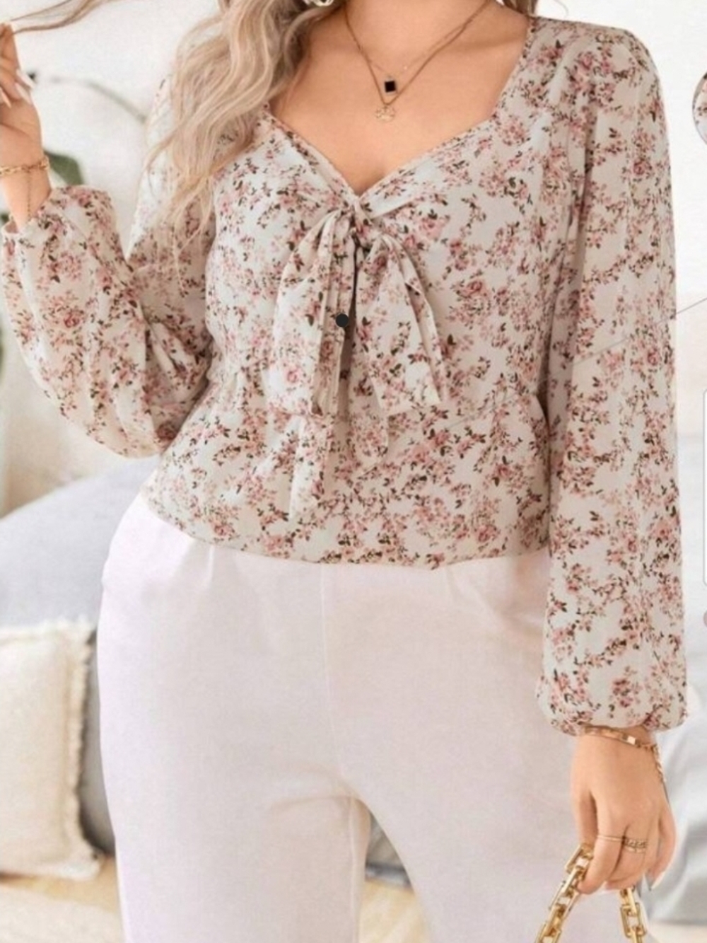 Beige Floral Tie-Front Long-Sleeve Blouse